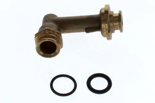 Verbindungsstück aus Metall mit zwei O-Ringen. Die Schnittrichtung zeigt eine abgewinkelte Form. Verwendbar für Anwendungen von Bosch.